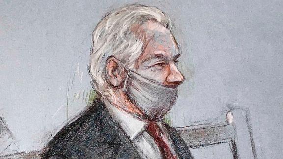 A court artist’s sketch of Julian Assange appearing at a London court