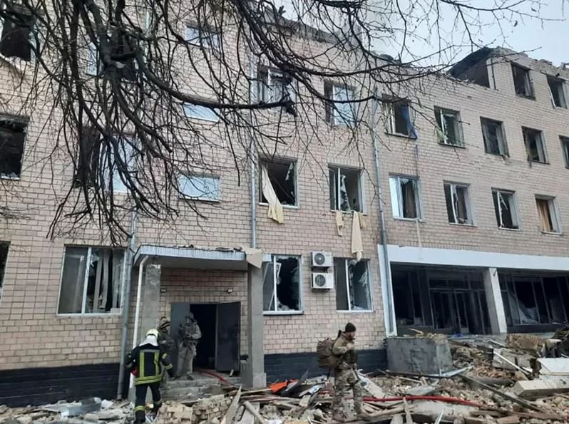 An army unit building in Kyiv this picture was released in a handout by the Ukrainian Interior Ministry's press service.